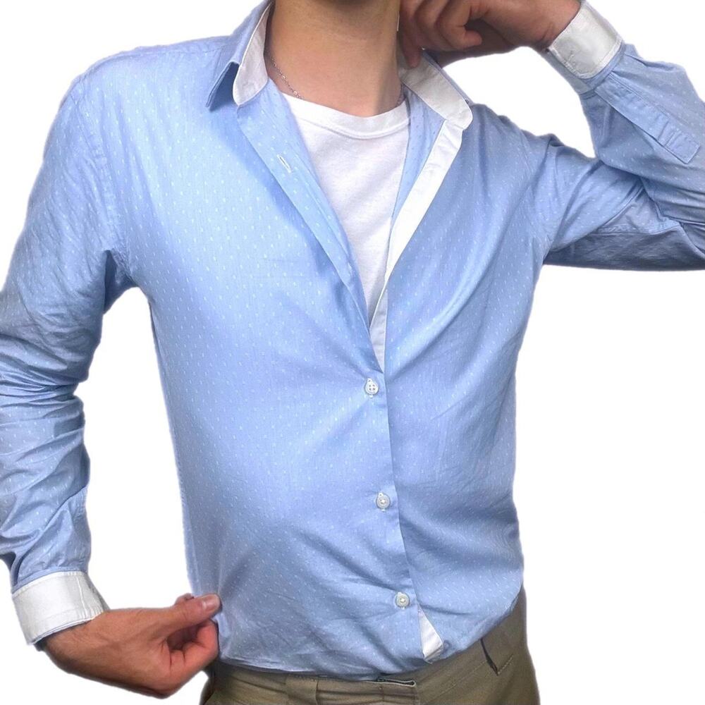 Zara Baby Blue & White Button-Up [Size S] Slim Fit w/ Poka Dot Texture